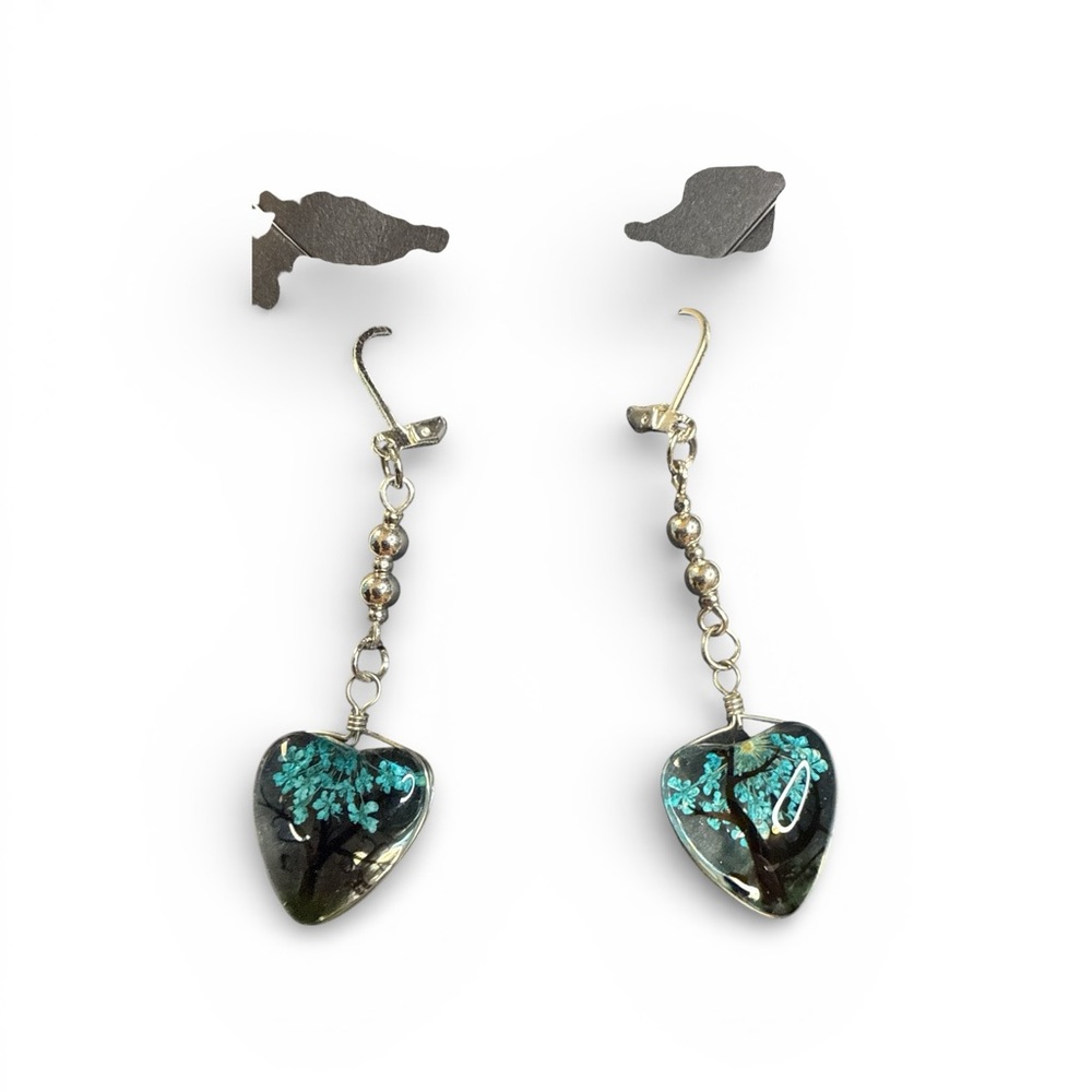 Silver and Blue Heart Drop with Flowers Inside Earrings